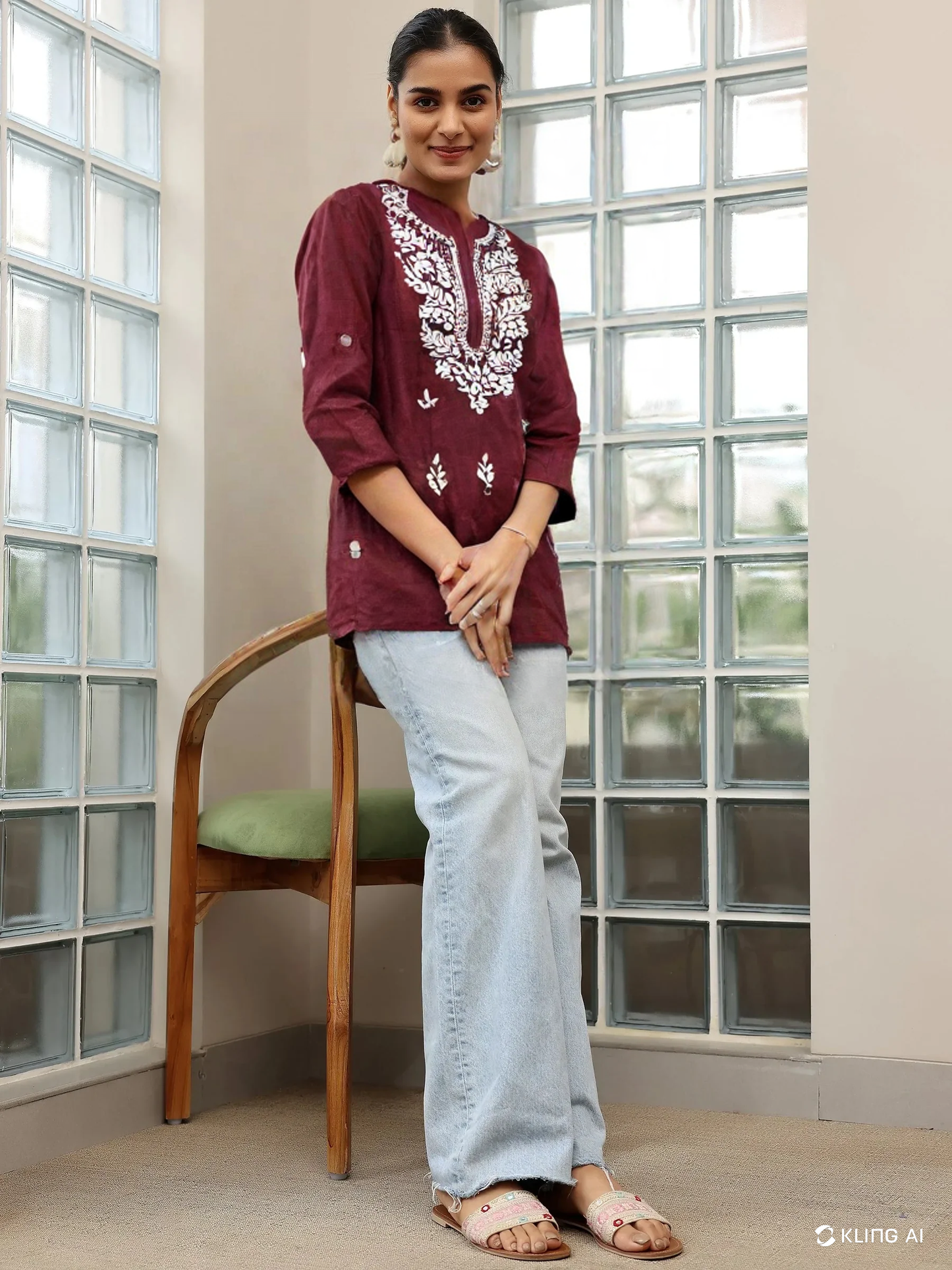 Maroon Cotton Short Chikan Kurti with White Floral Embroidery – Elegant Ethnic Wear for Women