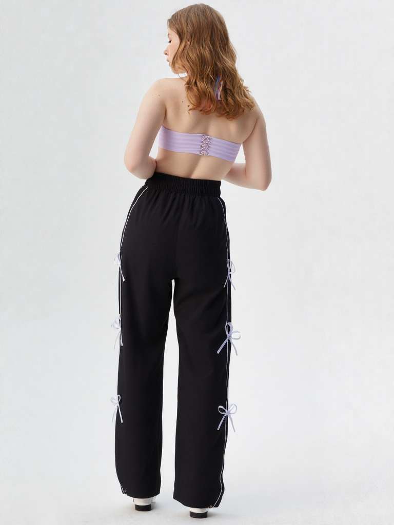 Stylish Black Bow String Track Pants – Relaxed Fit | Streetwear Casual for Women's