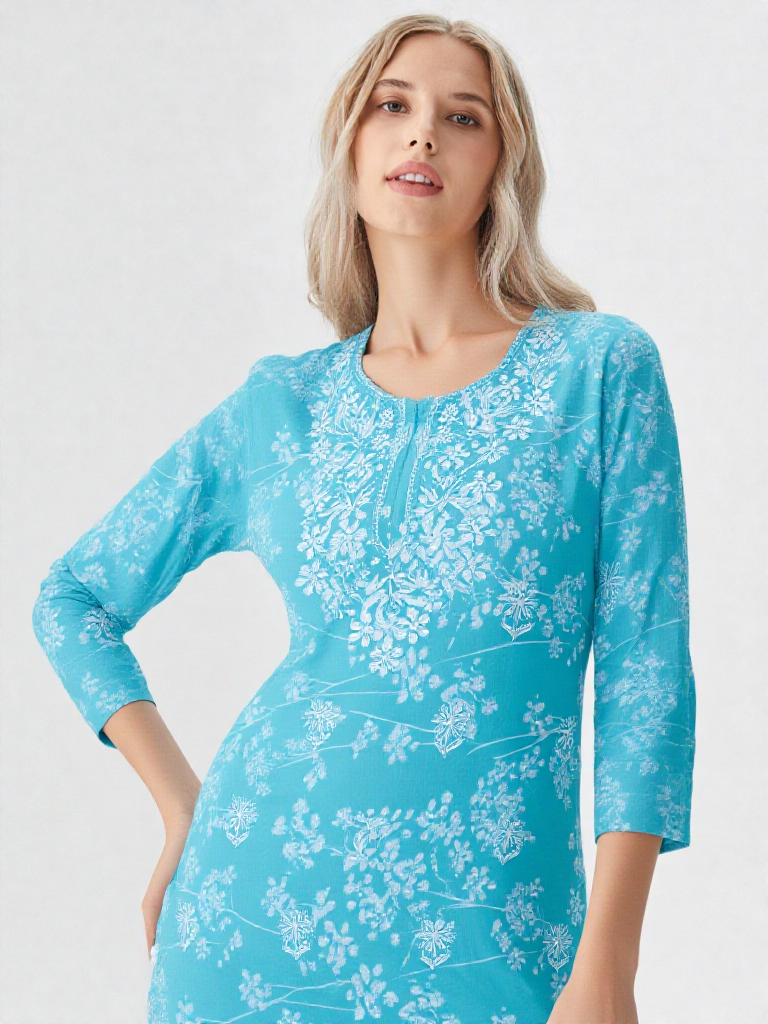 Turquoise Blue Floral Printed Cotton Kurta for Women – 3/4 Sleeve, Round Neck