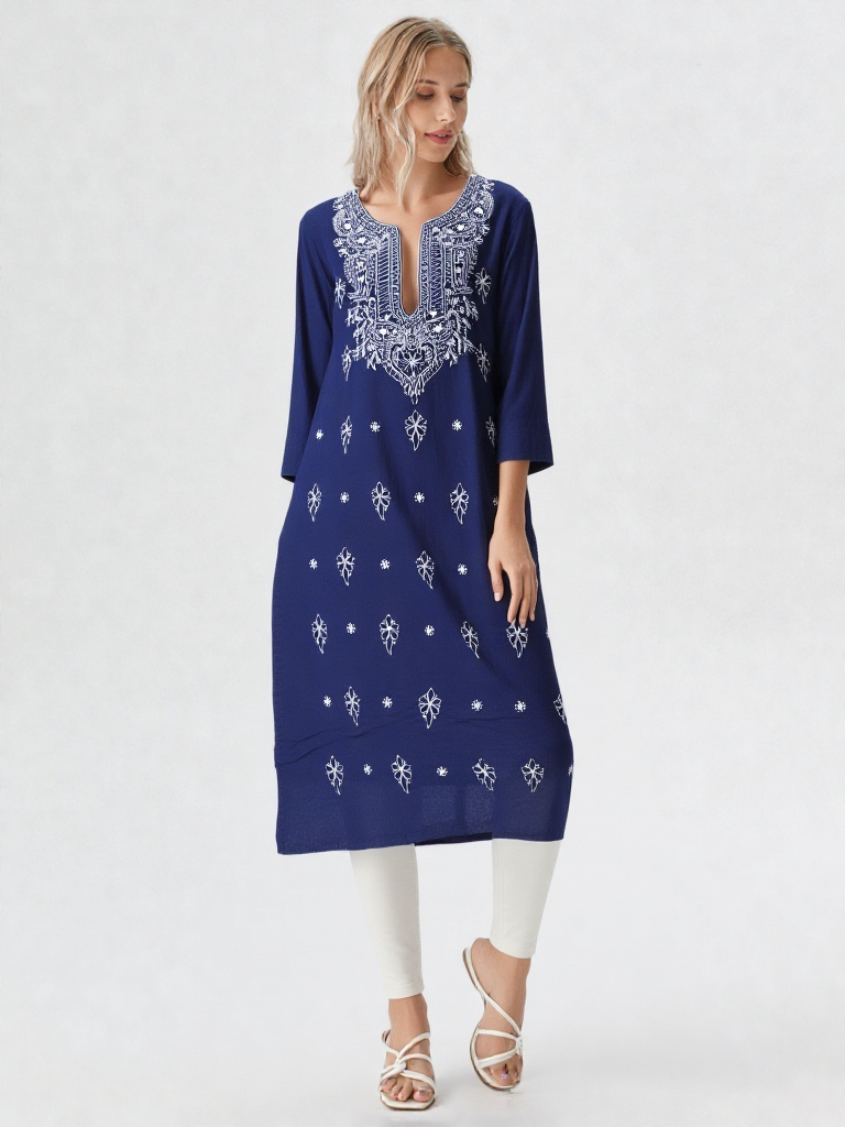 Navy Blue Cotton Chikankari Embroidered Straight Kurta for Women – Ethnic & Casual Wear
