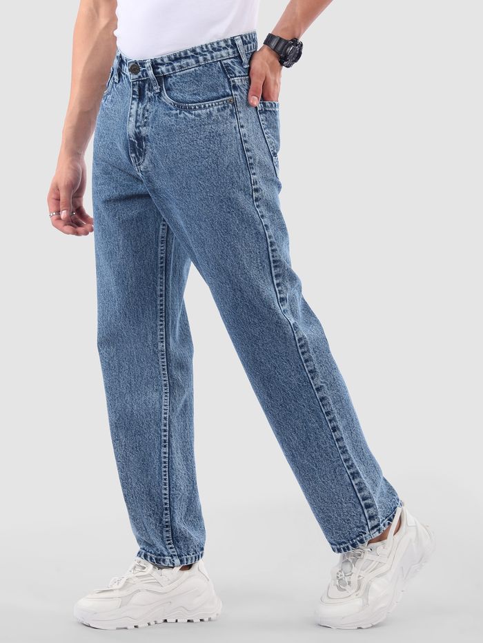 Men’s Ice Blue Cloud Wash Baggy Fit Jeans | Mid Rise Relaxed Denim | Trendy Streetwear Style