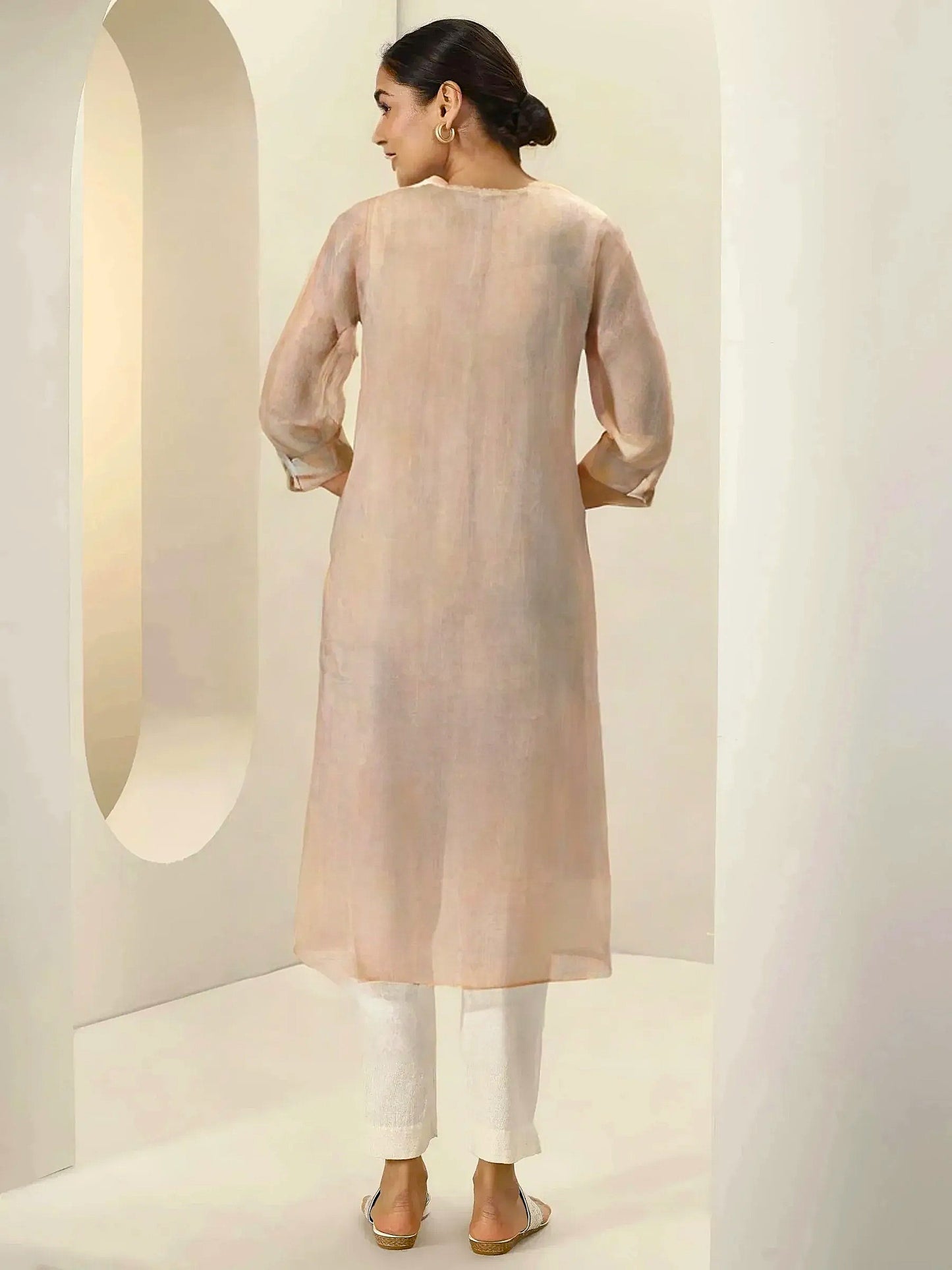Peach Embroidered Straight Kurti for Women – Cotton Blend, Floral Chikankari Design, 3/4 Sleeves