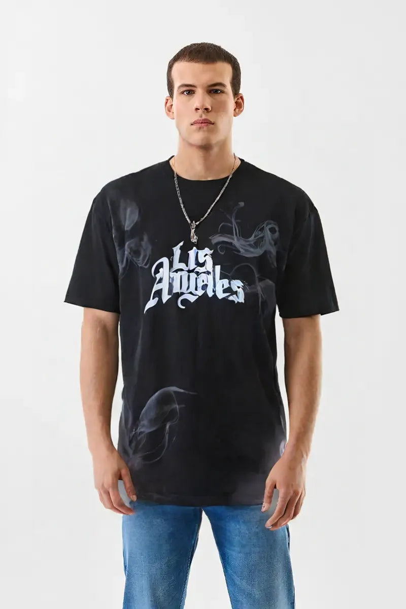 Black Oversized Graphic T-Shirt with Smoke Print – Men's Urban Streetwear