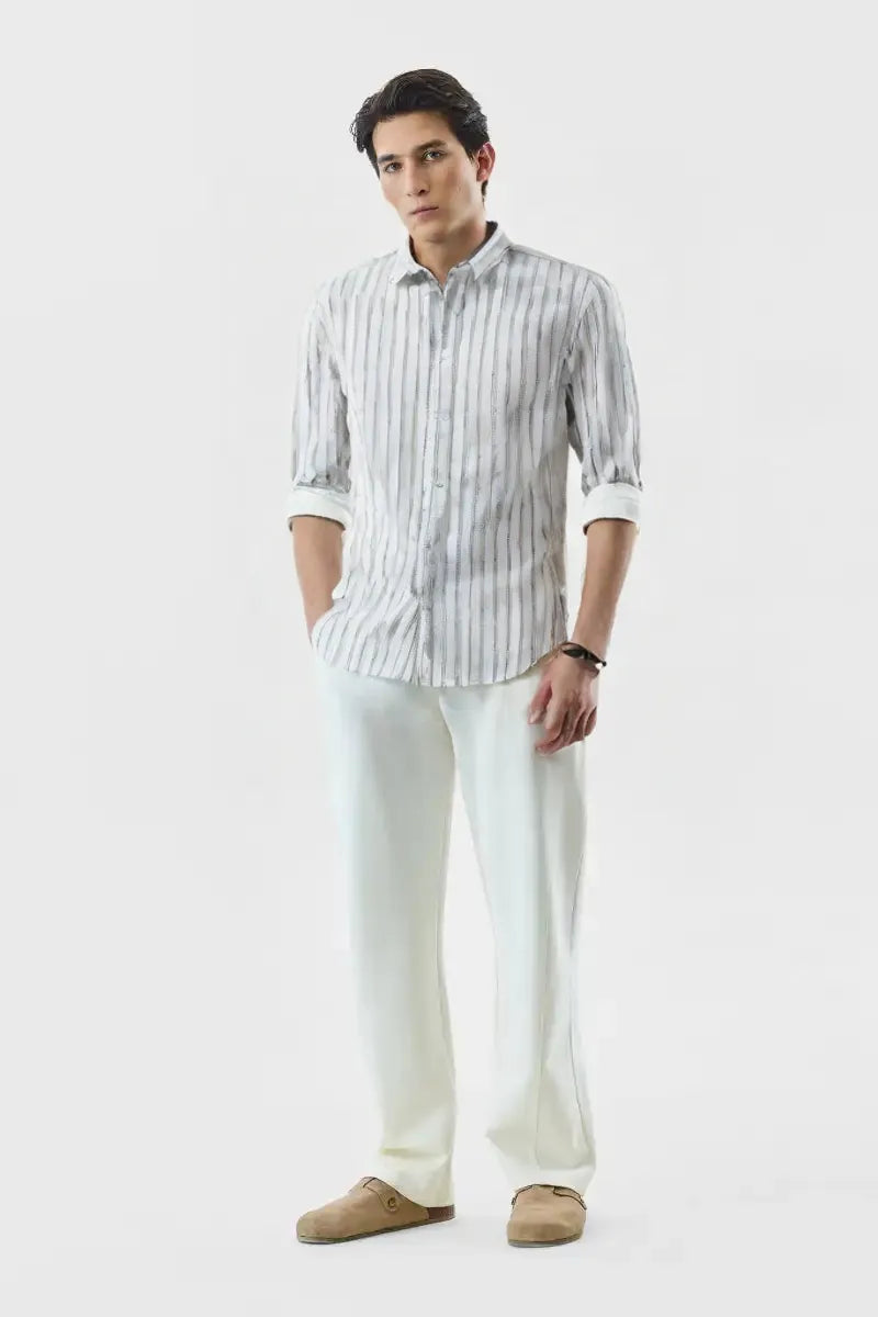 Premium White & Light Grey Vertical Striped Cotton Paper Shirt for Men – Casual & Formal Wear