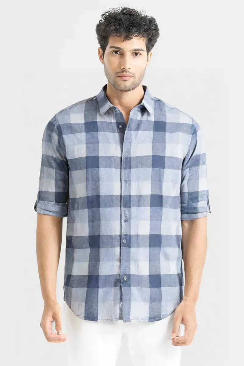 Men's Blue & White Checkered Cotton Casual Shirt | Full Sleeve | Slim Fit