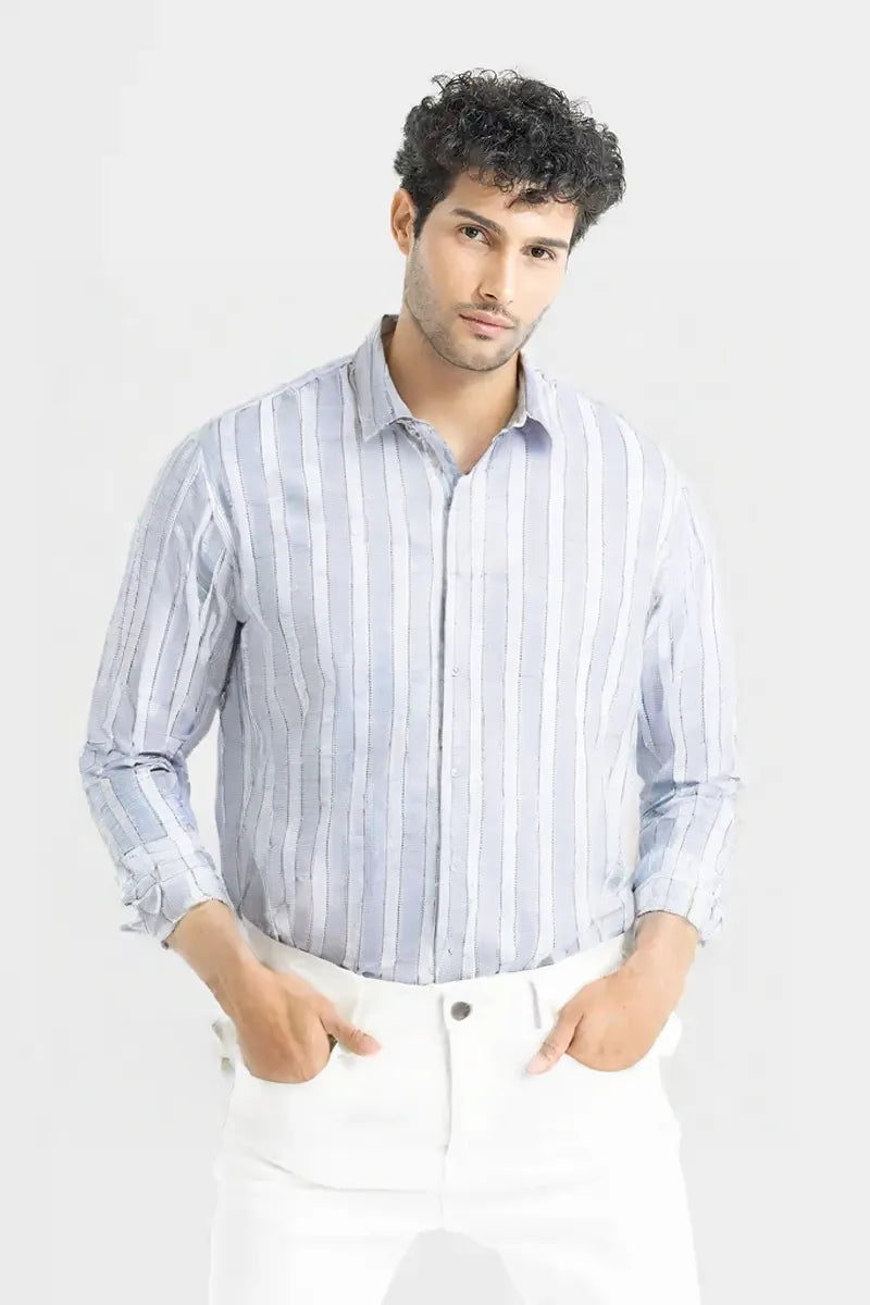 Men’s Light Blue & White Vertical Striped Casual Shirt – Pure Cotton Paper Shirt