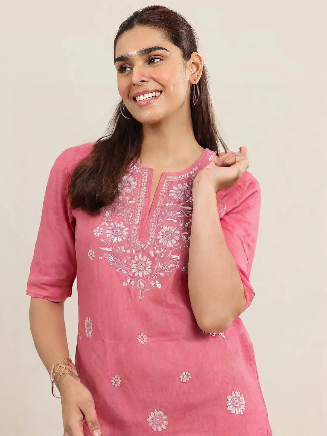 Pink Embroidered Cotton Kurti for women – Chikankari-Style Floral Design, 3/4 Sleeves Straight Fit