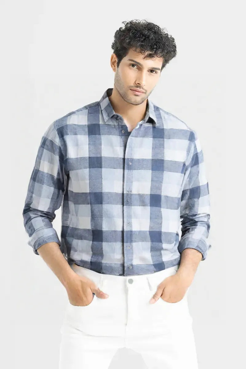 Men's Blue & White Checkered Cotton Casual Shirt | Full Sleeve | Slim Fit