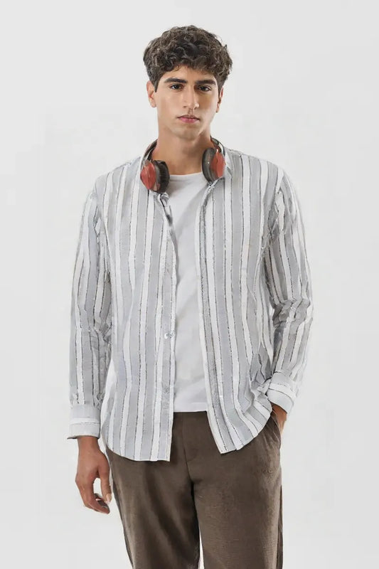 Premium White & Grey Vertical Stripe Men's Cotton Paper Shirt – Regular Fit