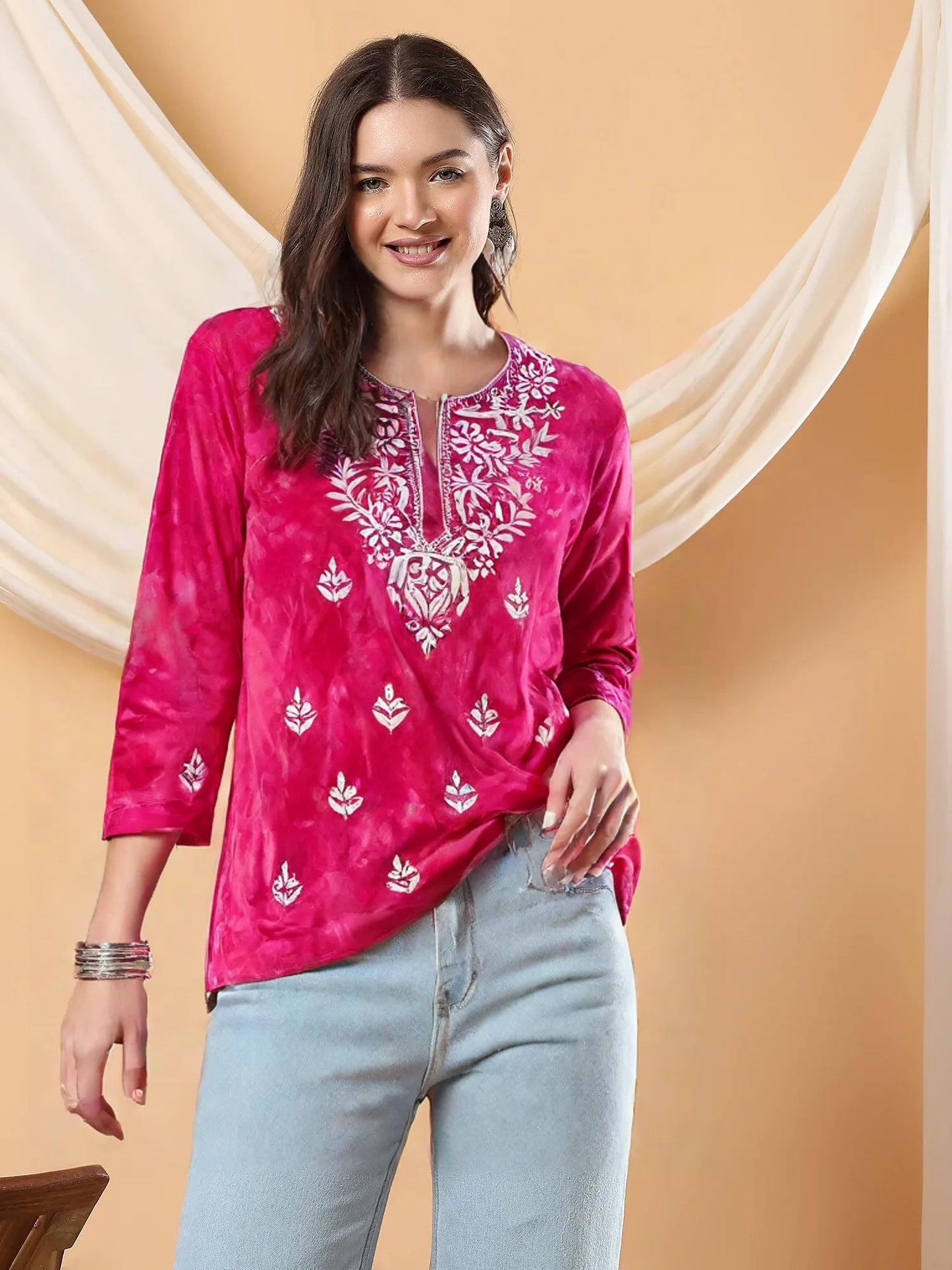 Women’s Pink Tie-Dye Cotton Kurti with White Chikankari Embroidery – Casual & Festive Wear
