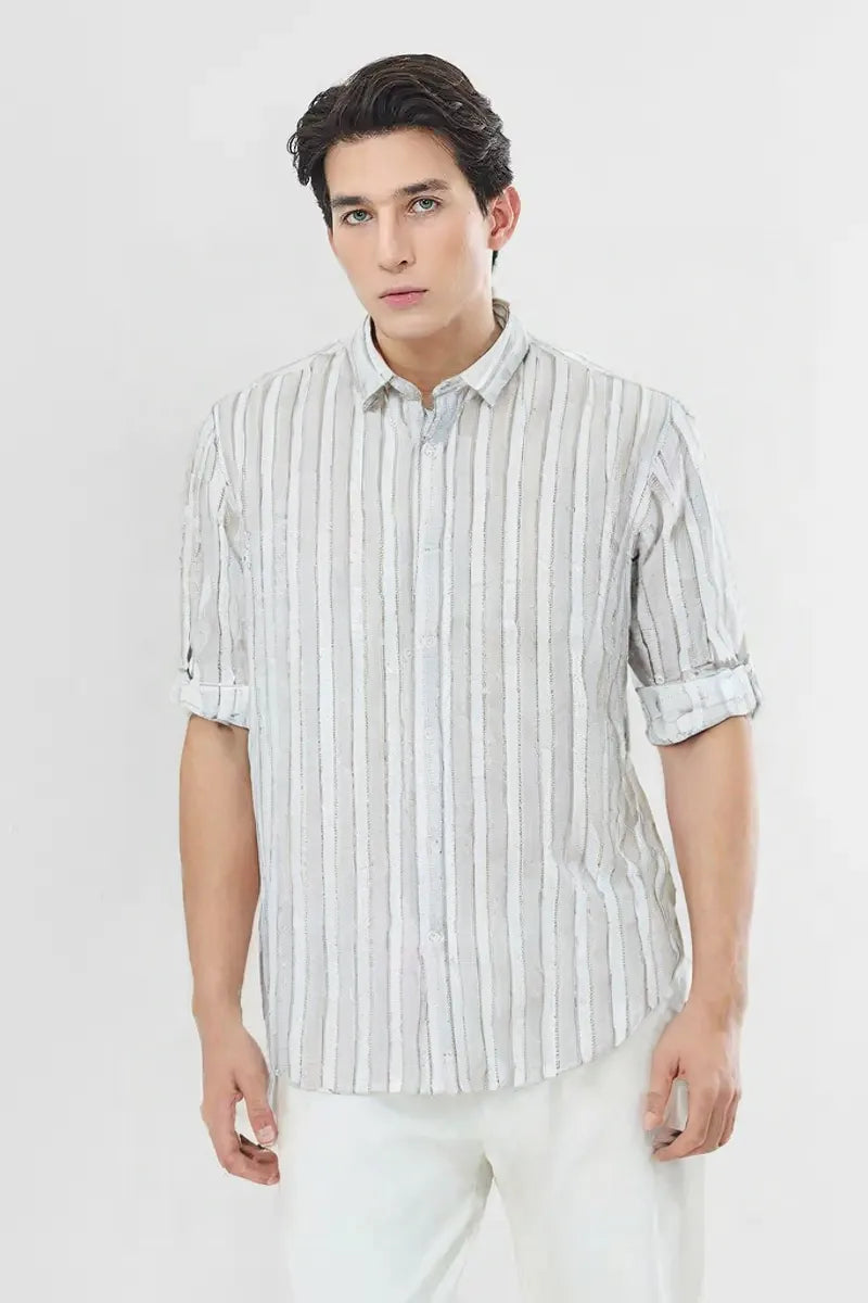 Premium White & Light Grey Vertical Striped Cotton Paper Shirt for Men – Casual & Formal Wear