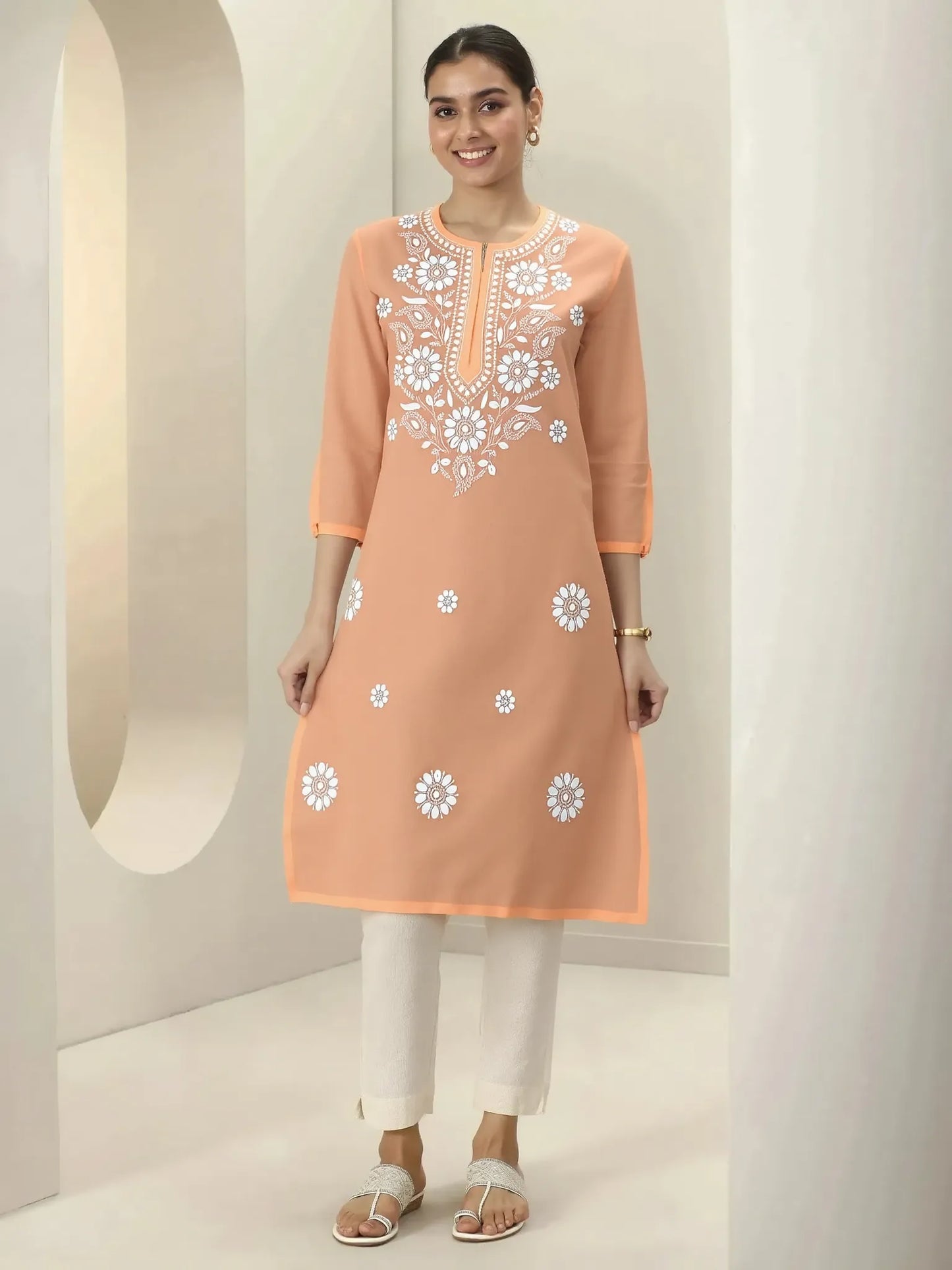 Peach Embroidered Straight Kurti for Women – Cotton Blend, Floral Chikankari Design, 3/4 Sleeves