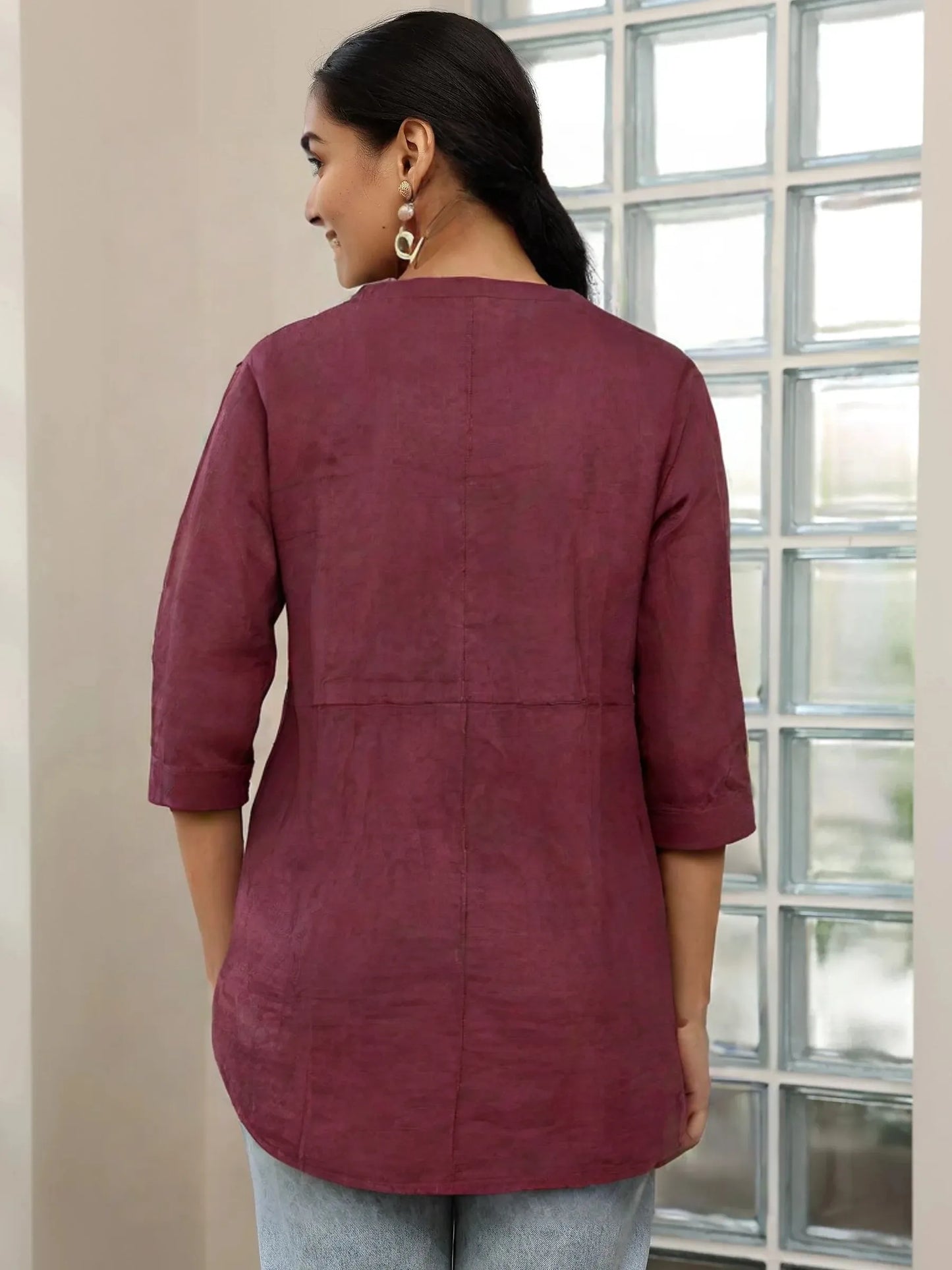 Maroon Cotton Short Chikan Kurti with White Floral Embroidery – Elegant Ethnic Wear for Women