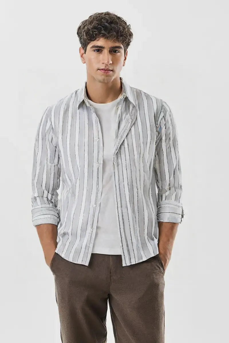 Premium White & Grey Vertical Stripe Men's Cotton Paper Shirt – Regular Fit