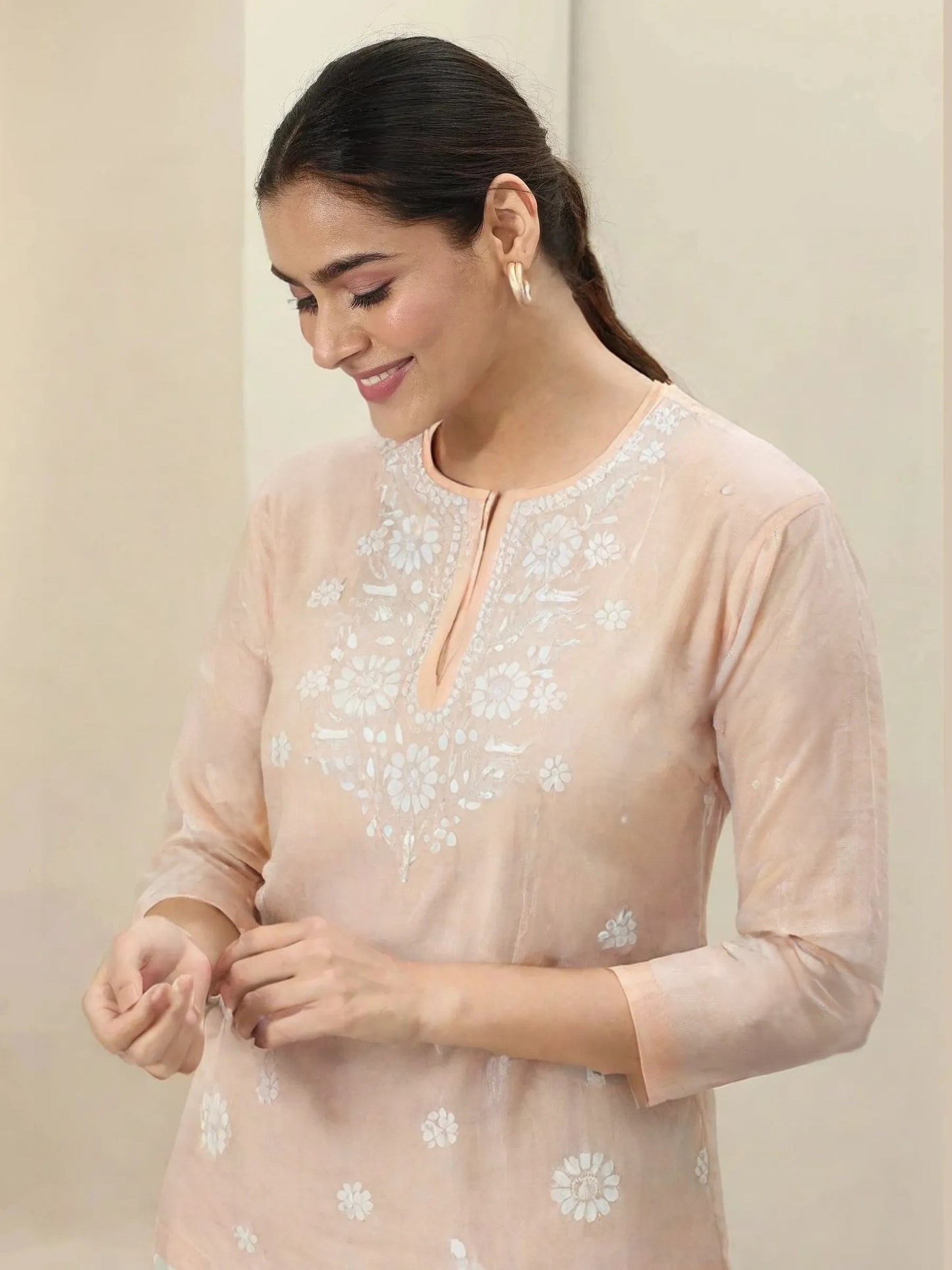 Peach Embroidered Straight Kurti for Women – Cotton Blend, Floral Chikankari Design, 3/4 Sleeves