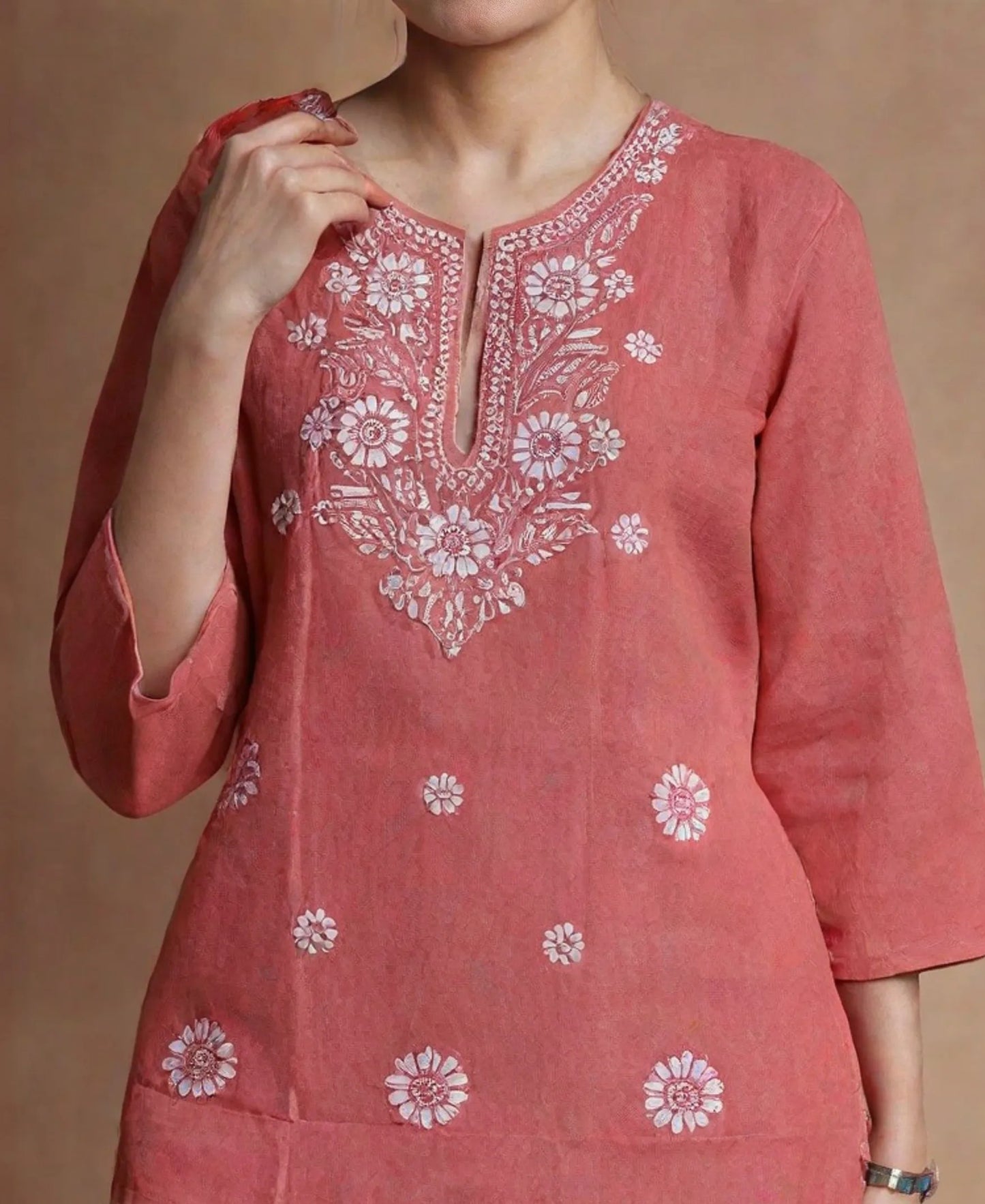 Pink Cotton Chikankari Style Embroidered Kurti for Women | Floral Design | Daily & Ethnic Wear