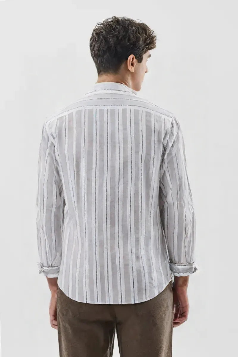 Premium White & Grey Vertical Stripe Men's Cotton Paper Shirt – Regular Fit