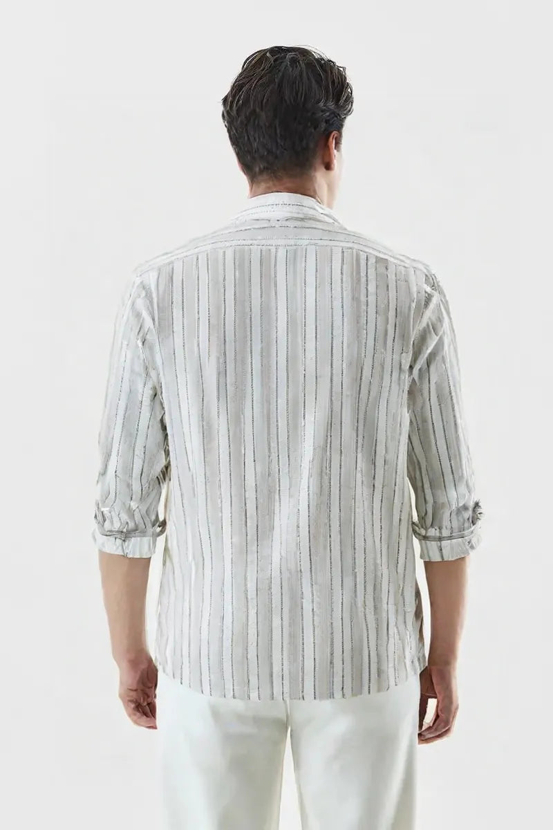 Premium White & Light Grey Vertical Striped Cotton Paper Shirt for Men – Casual & Formal Wear