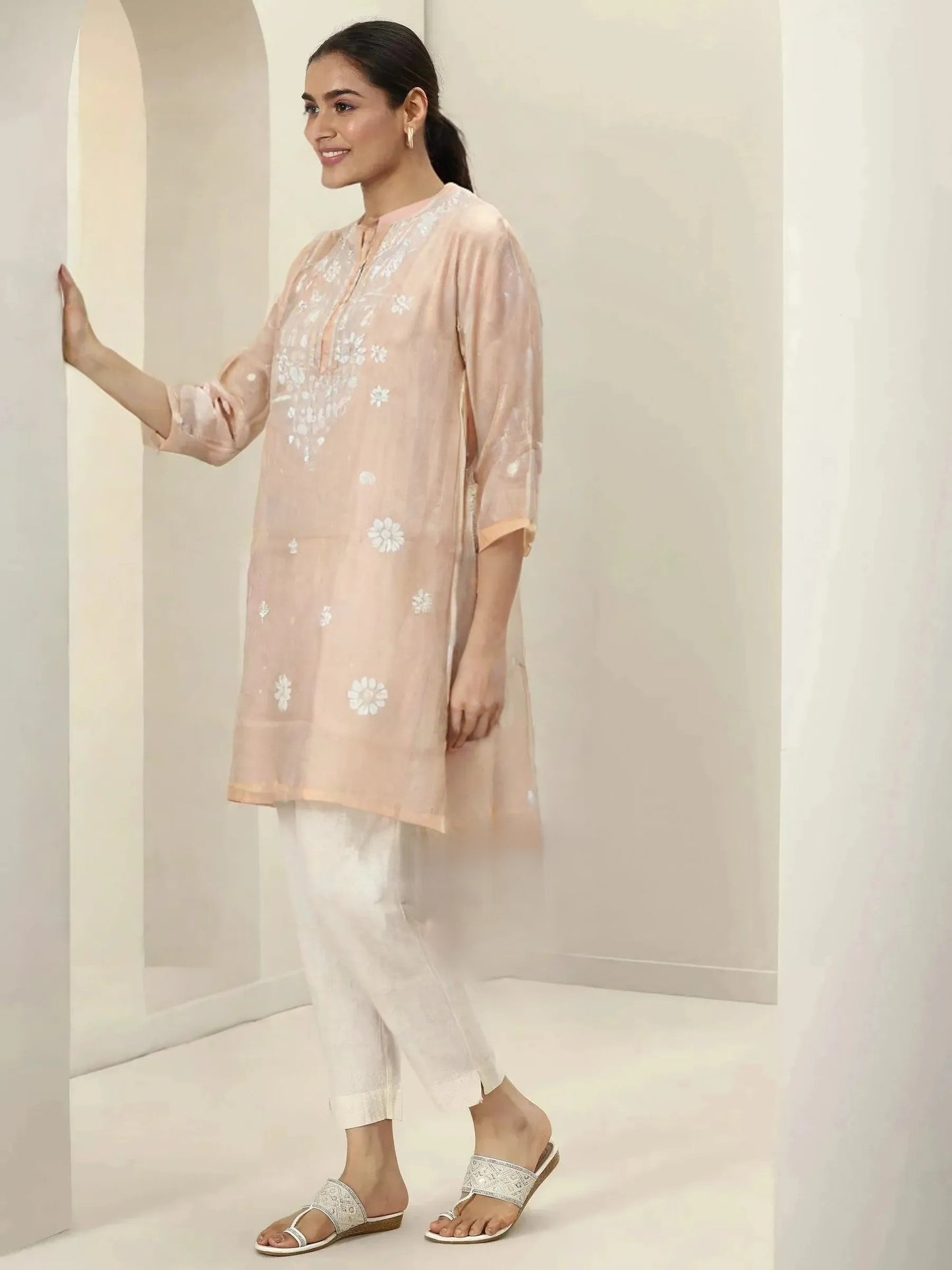 Peach Embroidered Straight Kurti for Women – Cotton Blend, Floral Chikankari Design, 3/4 Sleeves