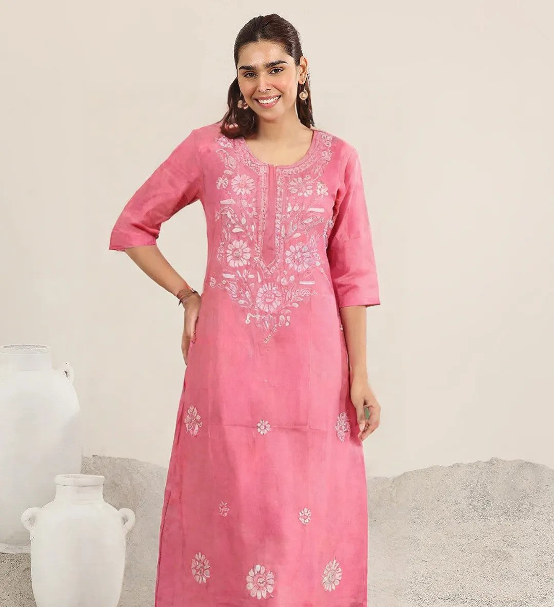 Pink Embroidered Cotton Kurti for women – Chikankari-Style Floral Design, 3/4 Sleeves Straight Fit