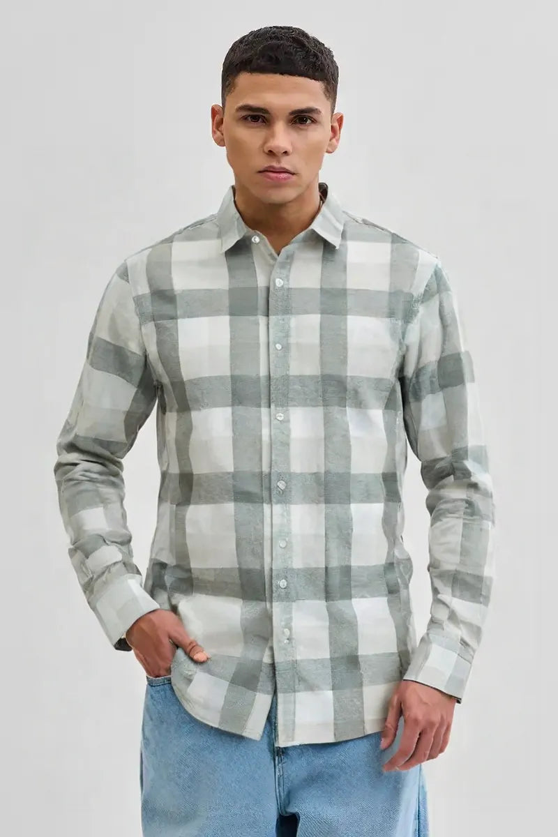 Men’s Sage Green & White Checkered Casual Shirt – Soft Cotton Blend, Full Sleeve