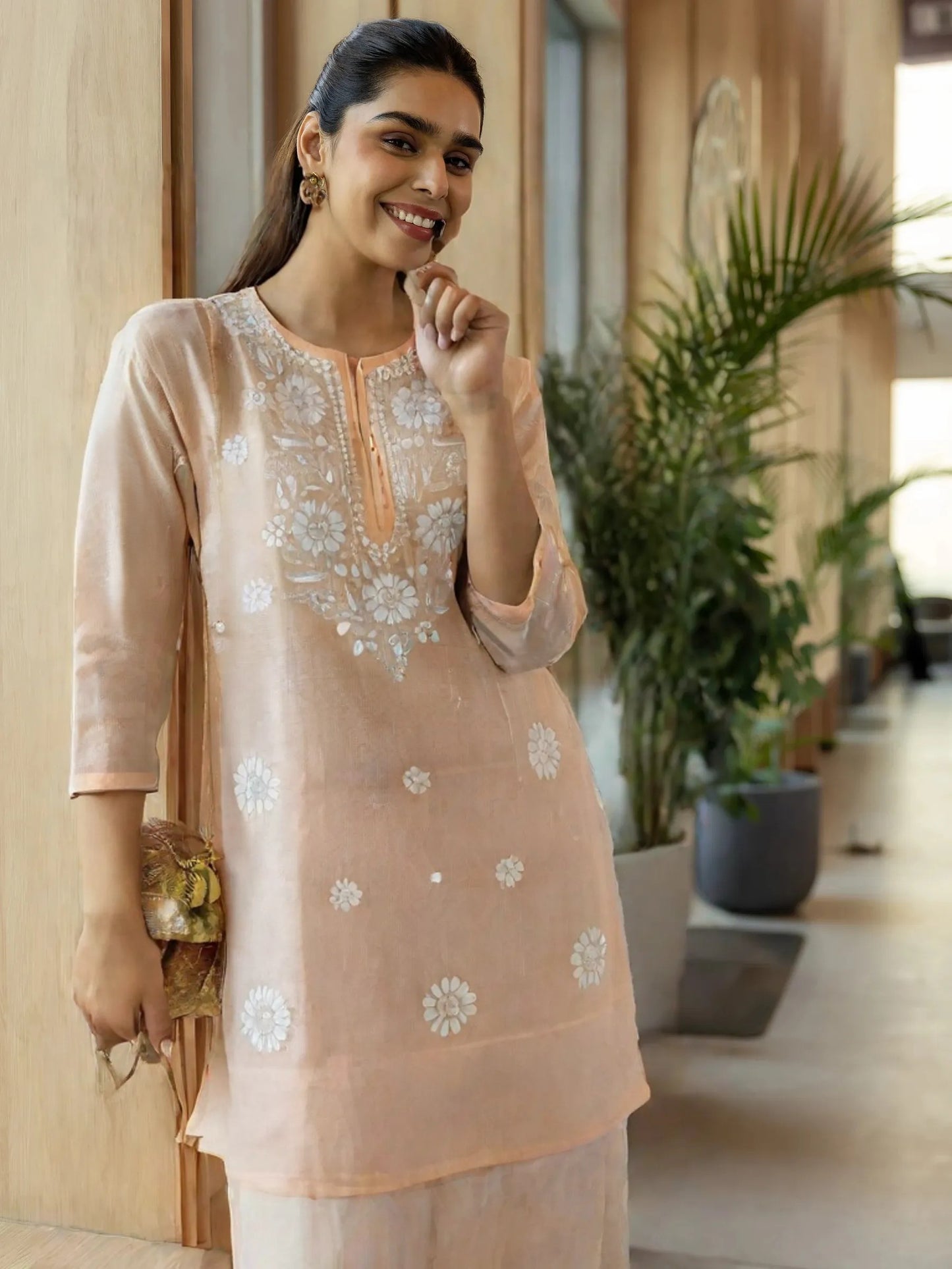 Peach Embroidered Straight Kurti for Women – Cotton Blend, Floral Chikankari Design, 3/4 Sleeves