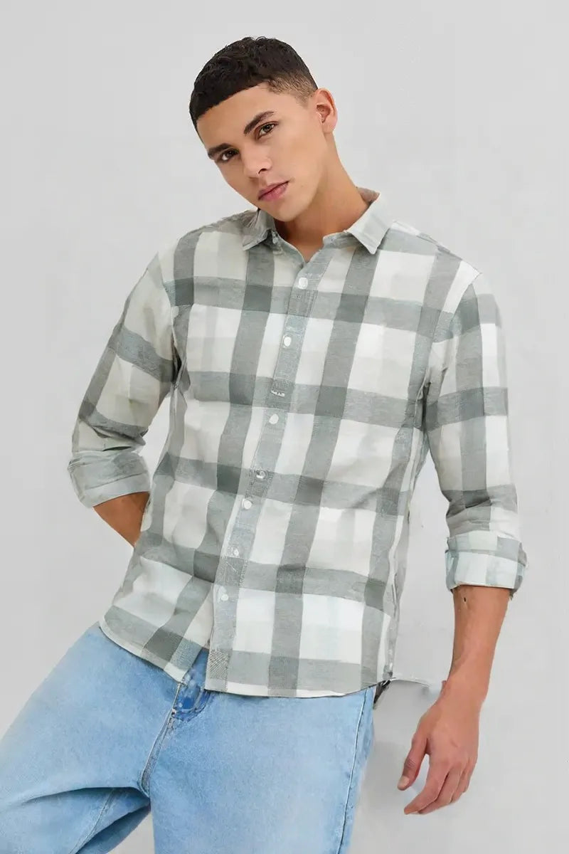 Men’s Sage Green & White Checkered Casual Shirt – Soft Cotton Blend, Full Sleeve