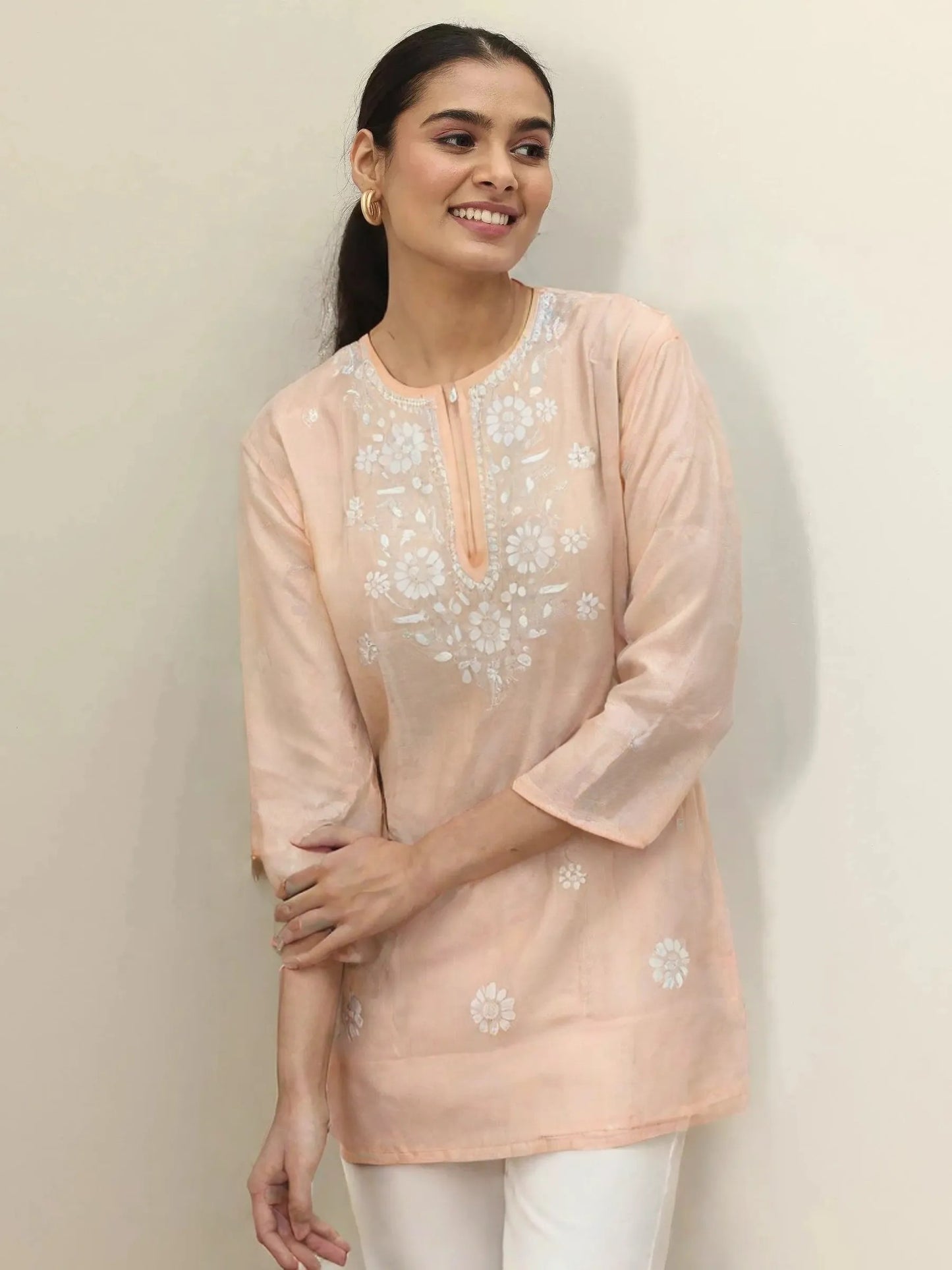 Peach Embroidered Straight Kurti for Women – Cotton Blend, Floral Chikankari Design, 3/4 Sleeves
