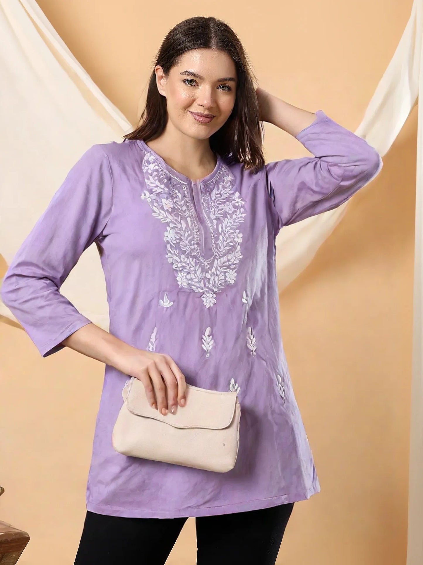 Women's Lilac Cotton Kurti with White Embroidery – Elegant Ethnic Wear for Casual & Office Look