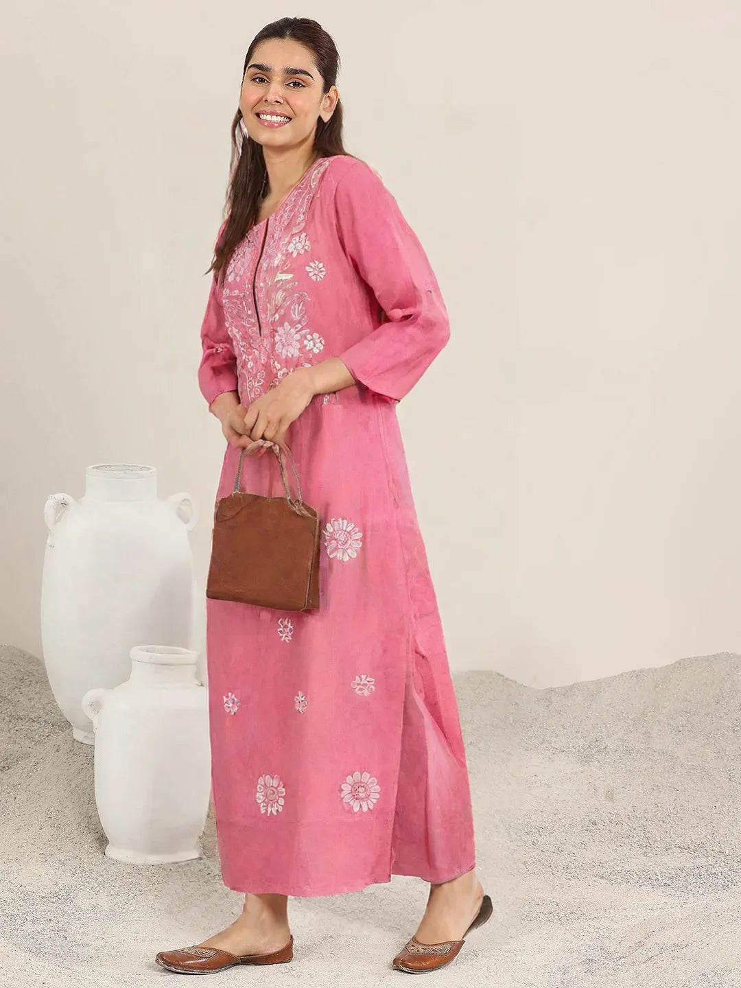 Pink Embroidered Cotton Kurti for women – Chikankari-Style Floral Design, 3/4 Sleeves Straight Fit