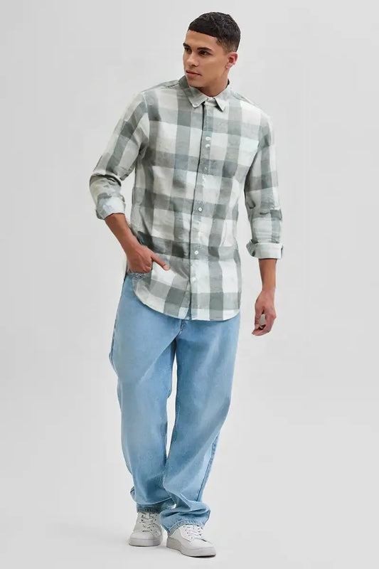 Men’s Sage Green & White Checkered Casual Shirt – Soft Cotton Blend, Full Sleeve