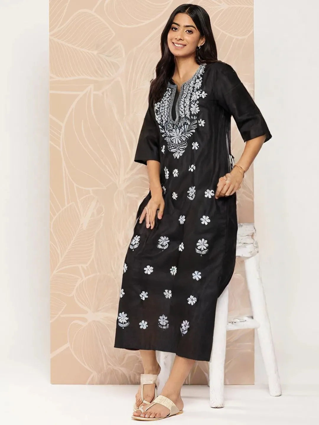 Black Cotton Chikankari Embroidered Kurti for Women – Elegant Floral Design | Daily & Festive Wear