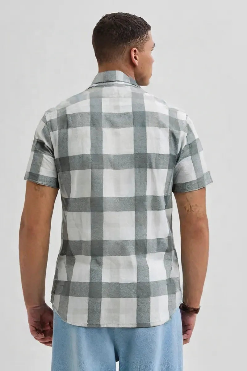 Men’s Sage Green & White Checkered Casual Shirt – Soft Cotton Blend, Full Sleeve