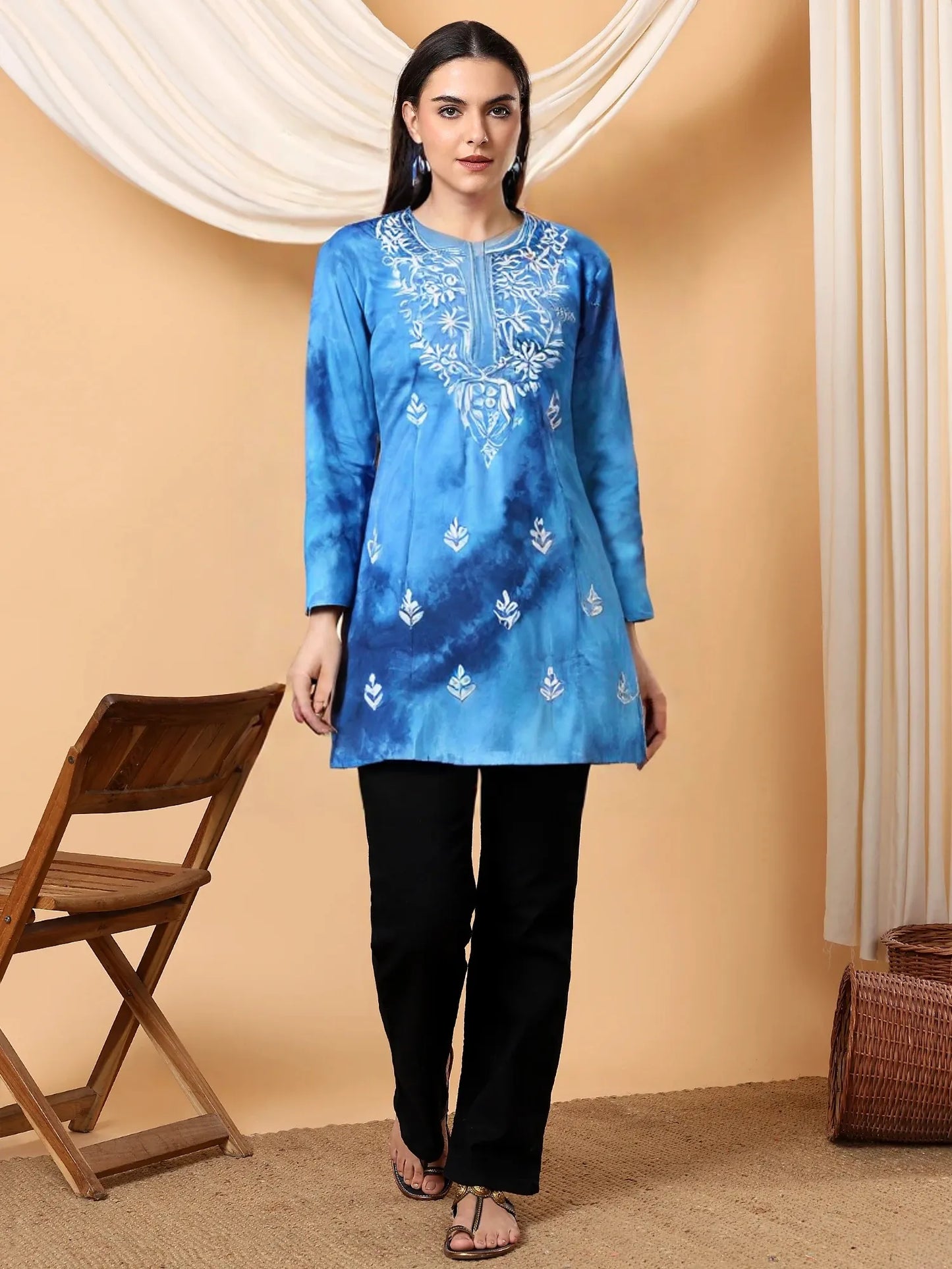 Women’s Blue Tie-Dye Cotton Kurti with White Embroidery – Casual & Ethnic Wear