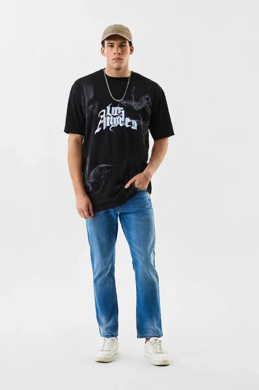 Black Oversized Graphic T-Shirt with Smoke Print – Men's Urban Streetwear