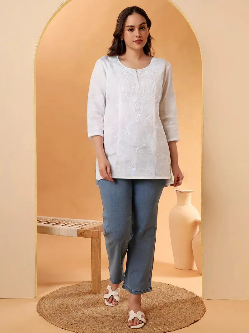 Women's White Cotton Chikankari Kurti – Elegant Hand-Embroidered Casual Wear