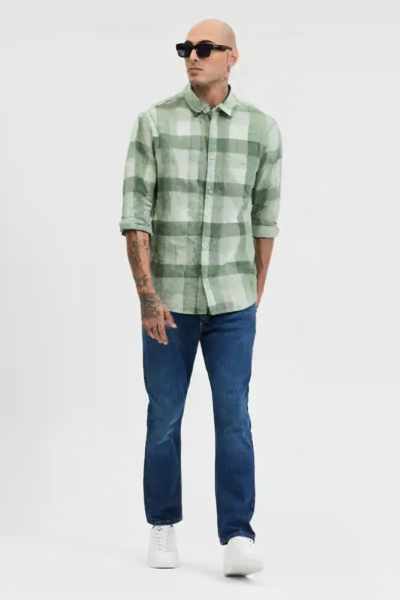 Men's Green Checkered Slim Fit Cotton Shirt – Full Sleeve Casual Wear