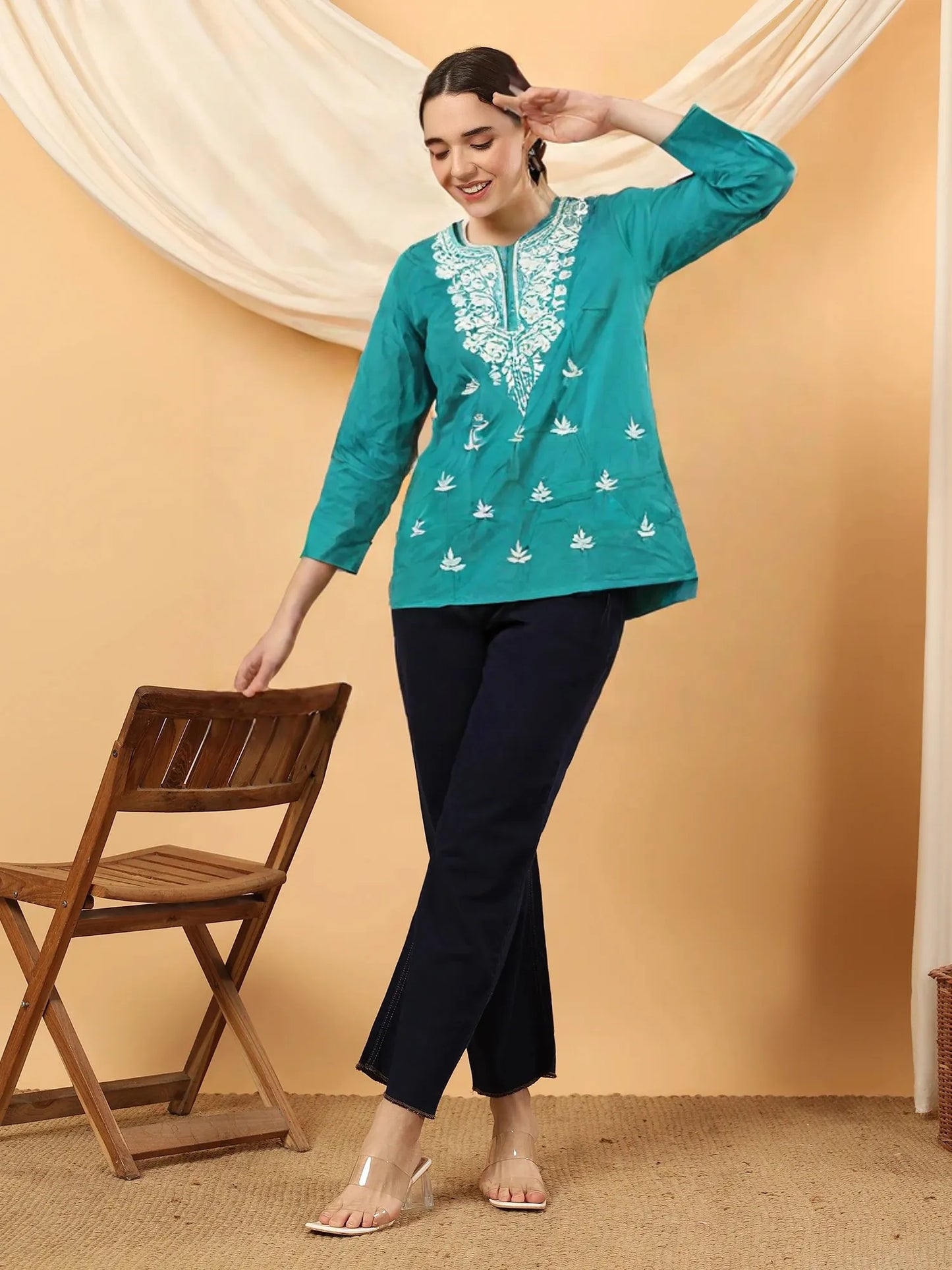 Women’s Teal Green Cotton Kurti with White Embroidery – Casual & Festive Wear