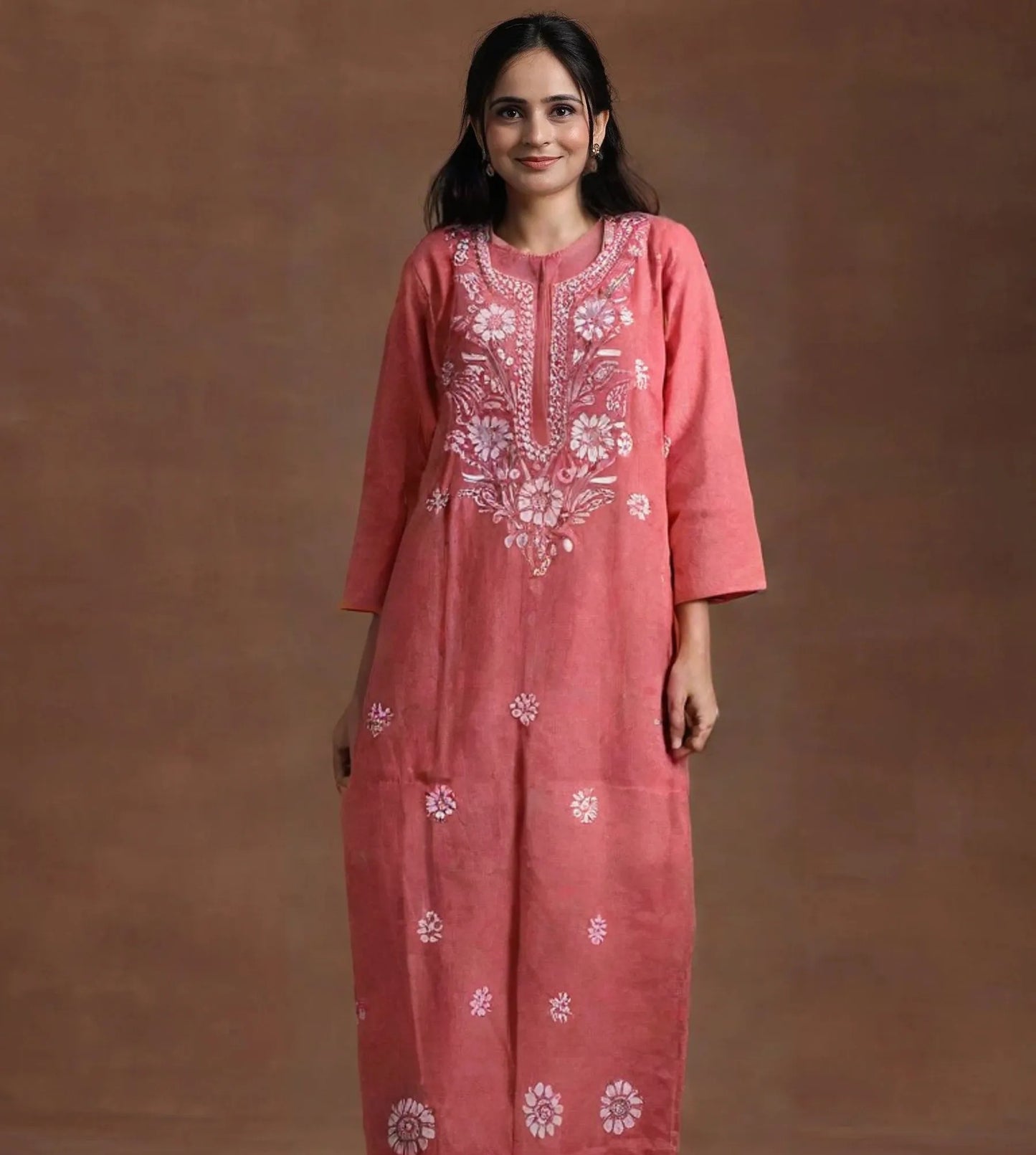 Pink Cotton Chikankari Style Embroidered Kurti for Women | Floral Design | Daily & Ethnic Wear