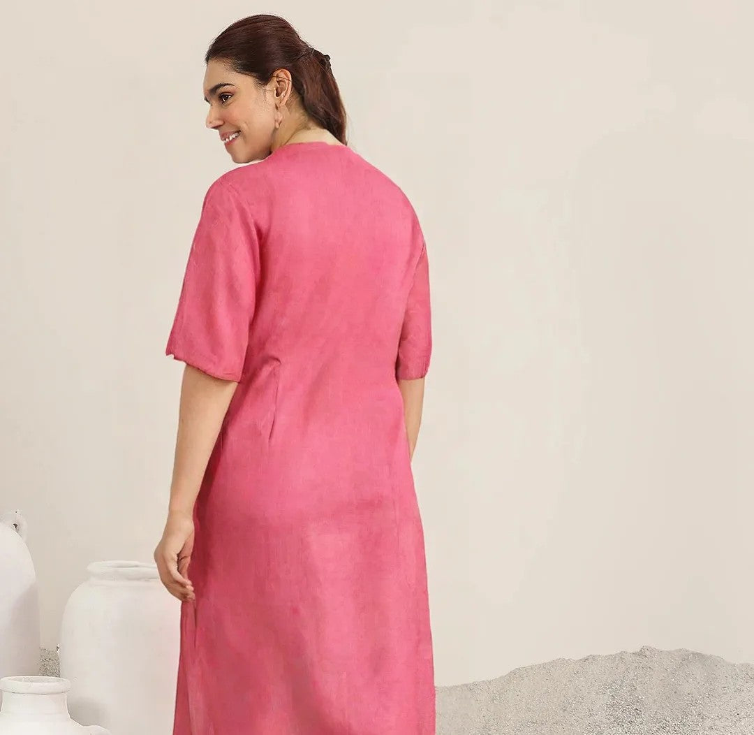 Pink Embroidered Cotton Kurti for women – Chikankari-Style Floral Design, 3/4 Sleeves Straight Fit
