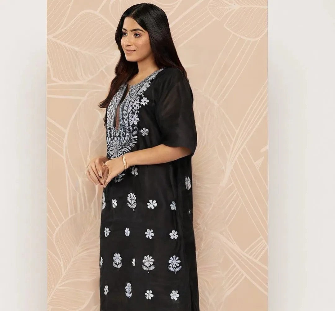 Black Cotton Chikankari Embroidered Kurti for Women – Elegant Floral Design | Daily & Festive Wear