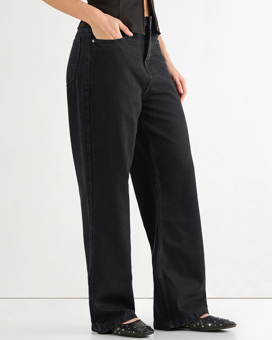 Black High-Waist Wide Leg Jeans for Womens| Baggy Fit Denim Pants