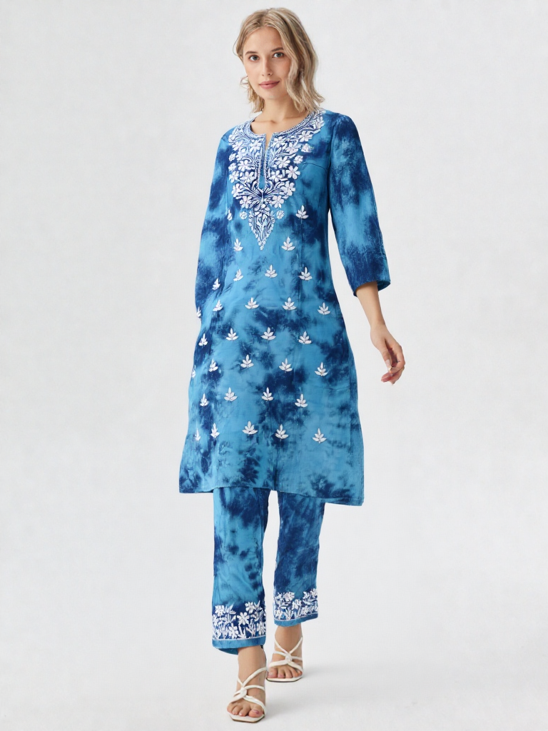 Women’s Blue Tie-Dye Cotton Kurta Set with White Embroidery – Stylish Ethnic Wear