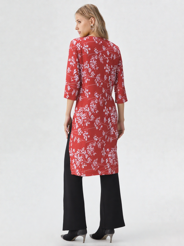 Women's Red Floral Printed Cotton Kurti – Elegant Everyday Wear
