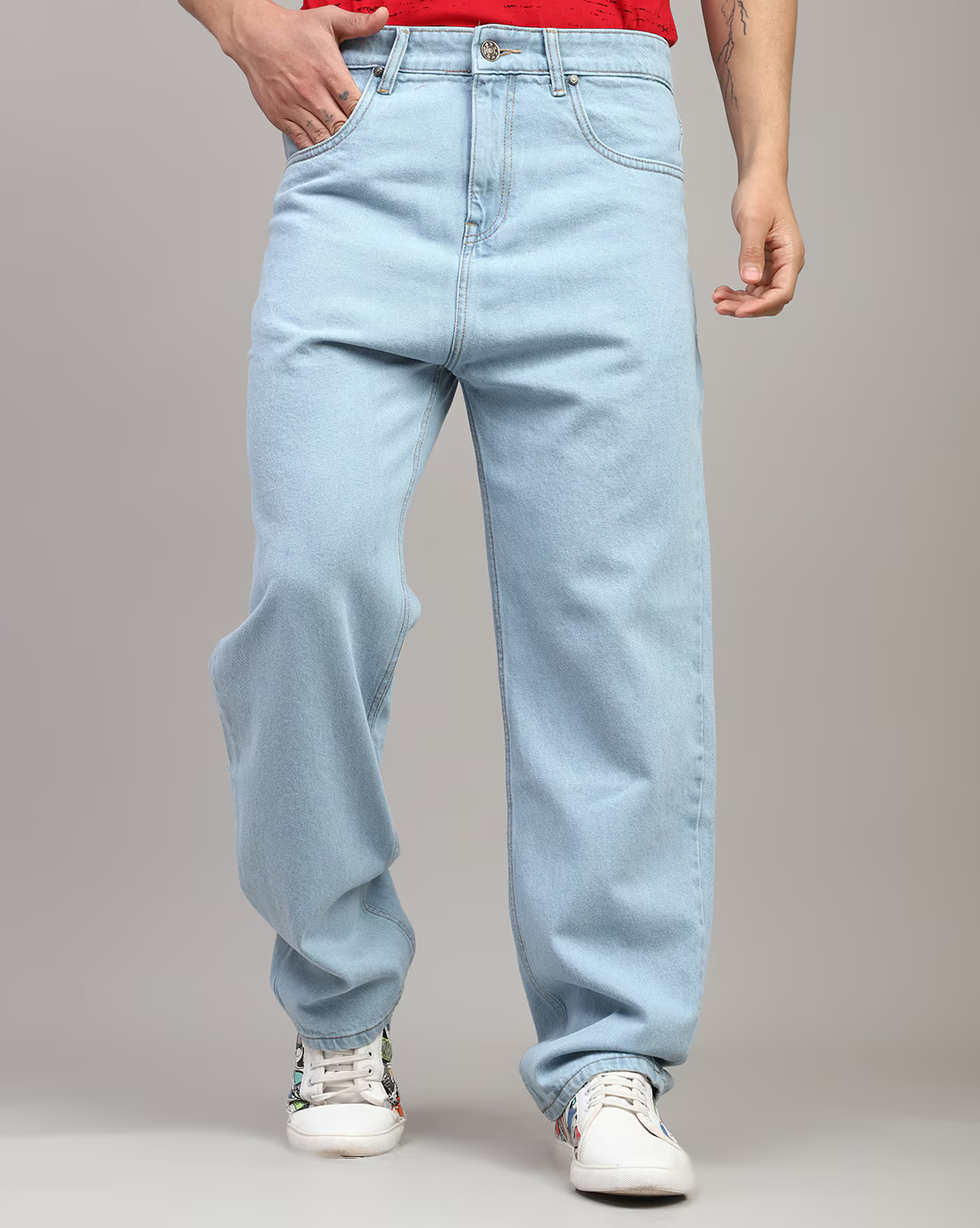 Men’s Light Blue Baggy Fit Jeans | Relaxed Fit Mid-Rise Denim | Oversized Streetwear Style