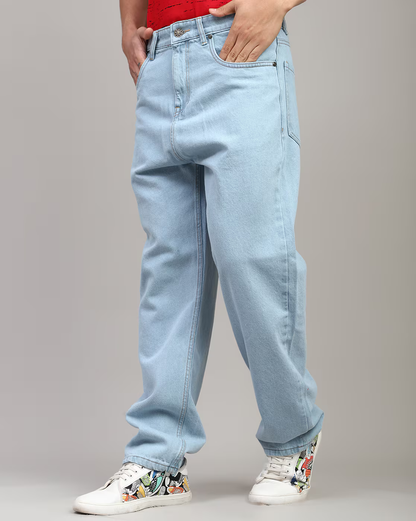 Men’s Light Blue Baggy Fit Jeans | Relaxed Fit Mid-Rise Denim | Oversized Streetwear Style