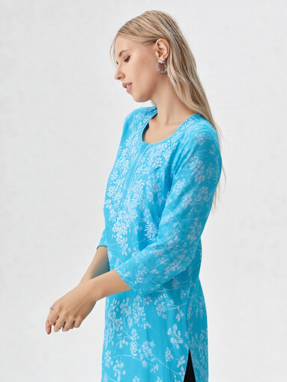 Turquoise Blue Floral Printed Cotton Kurta for Women – 3/4 Sleeve, Round Neck