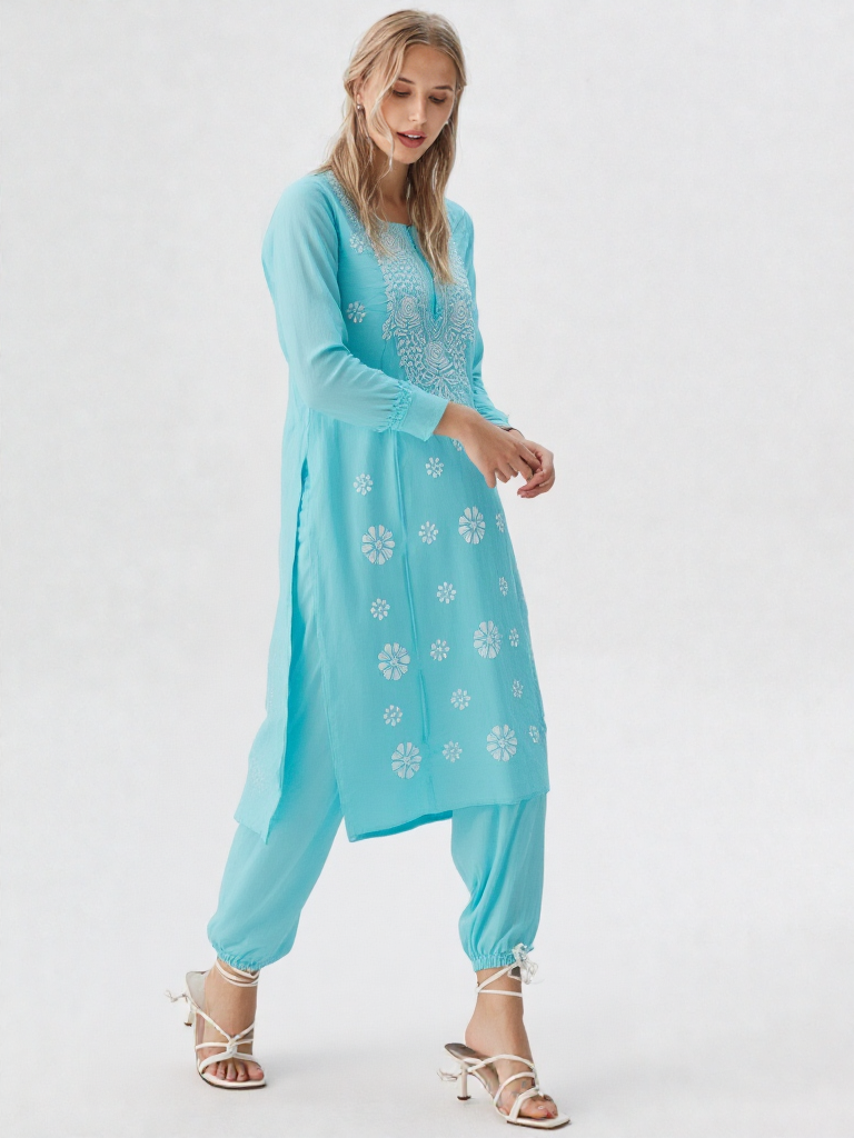 Elegant Sky Blue Cotton Embroidered Kurta for Women – Festive & Ethnic Wear