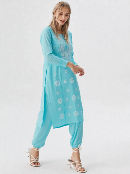 Elegant Sky Blue Cotton Embroidered Kurta for Women – Festive & Ethnic Wear