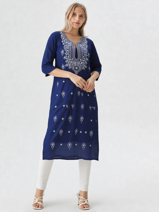 Navy Blue Cotton Chikankari Embroidered Straight Kurta for Women – Ethnic & Casual Wear